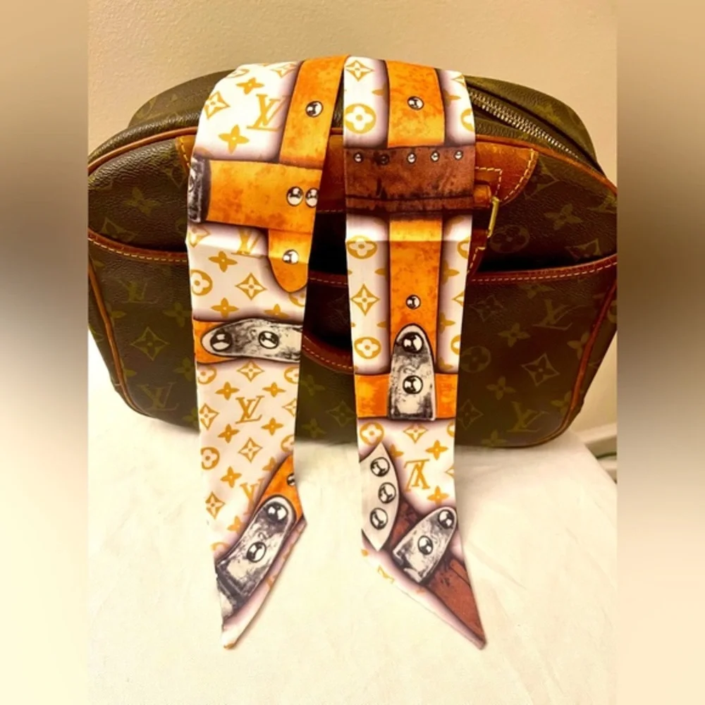 Monogram Orange Brown Bandeau Silk Twilly Scarf